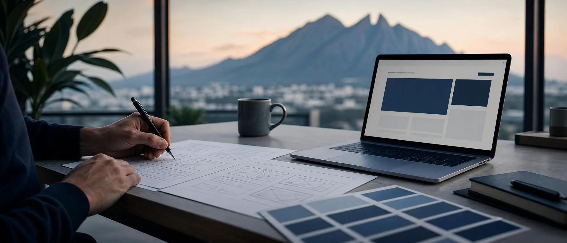 Diseñador bocetando una página web en su escritorio con vista al Cerro de la Silla